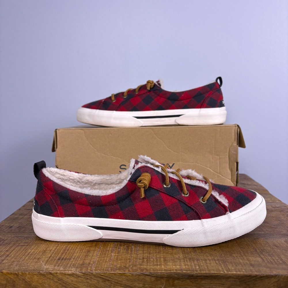 Sperry Women's 9.5M Buffalo Plaid Lined Sneakers Shoes Red Black Memory Foam‎